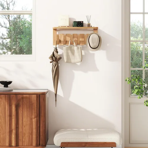 Vista 8 de YMYNY Perchero de pared montado en pared con estante, estante de pared con ganchos retráctiles, perchero de pared de madera para colgar Natural