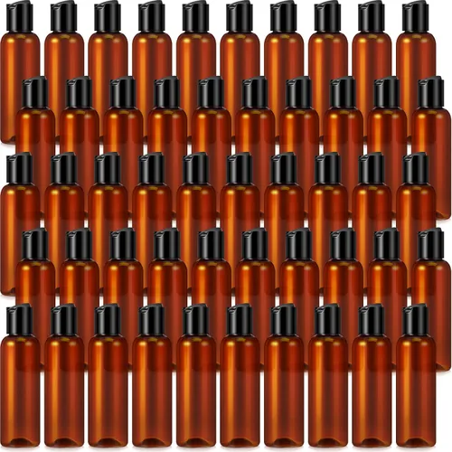 Vista 8 de Mimorou 50 botellas de plástico para apretar con tapa, recipiente recargable ámbar vacío, botella pequeña de aseo de viaje para loción, champú