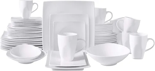 Vista 8 de Bone China - Juego de vajilla cuadrada de 16 piezas, color blanco Cuadrado blanco