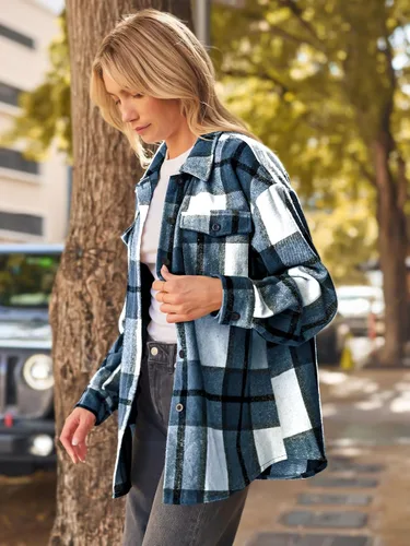 Vista 3 de AUTOMET Womens Casual Plaid Shacket Button Down Long Sleeve Shirts