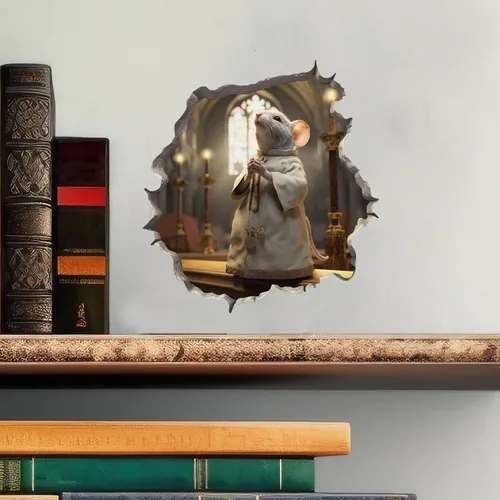 Vista 2 de Pegatina de pared 3D con agujero de ratón y sacerdote de la iglesia