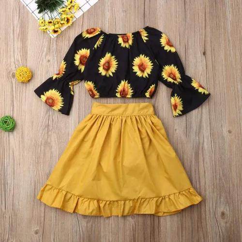 Vista 5 de HIUARA Ropa para niñas pequeñas, moda de manga media, tirantes, parte superior, pantalones cortos de vaquero, falda corta, traje de verano, conjuntos