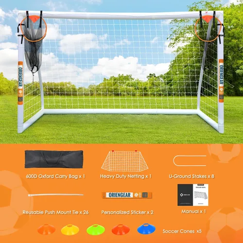 Vista 5 de ORIENGEAR Soccer Goal, 12x6/10x6.5/8x6/6x4 Full Size Soccer Goals for Backyard, Soccer Net with Training Discs, Portable Soccer Goal for Kids and