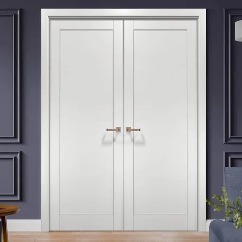Vista 2 de Puertas interiores dobles francesas de 36 x 84 pulgadas con herrajes Quadro 4111 ceniza blanca Moldes de marco de panel Puerta