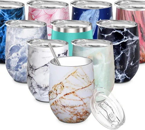 Vista 8 de THILY Vaso de vino aislado de acero inoxidable de 12 onzas, copa de vino sin tallo con tapa deslizante y popote de metal, taza de viaje que mantiene