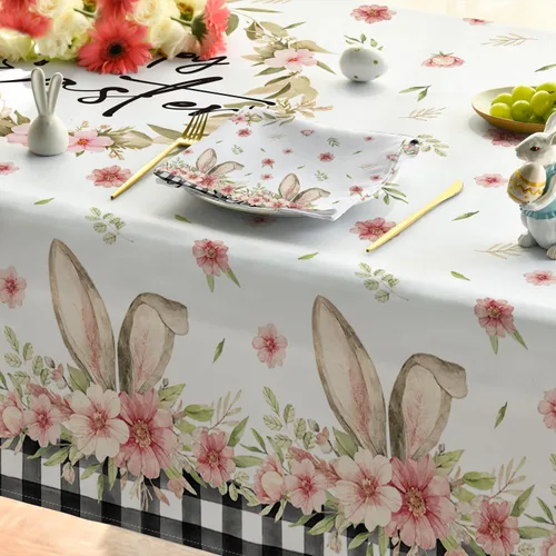 Vista 5 de Horaldaily Mantel de Pascua rectangular de 52 x 70 pulgadas, diseño de flor de primavera, diseño de búfalo a cuadros, para decoración de fiestas