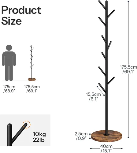 Vista 3 de HOOBRO Perchero con 9 ganchos, perchero de metal independiente con base de madera, árbol de pasillo resistente para entrada, soporte de perchero que