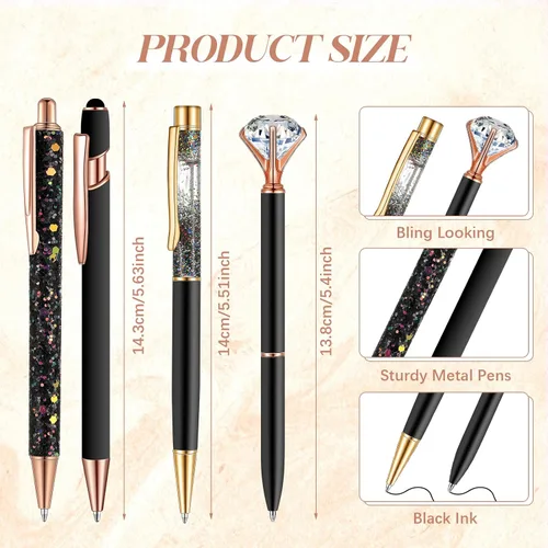 Vista 3 de Sabary 8 bolígrafos negros con soporte para bolígrafo para escritorio, con purpurina, diamantes de cristal, bonito soporte para lápices, organizador