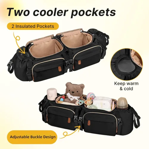 Vista 6 de Boomistry - Organizador doble para cochecito con 2 bolsillos refrigerantes, color negro Para Bob Duallie y Baby Jogger City Mini GT2, soporte