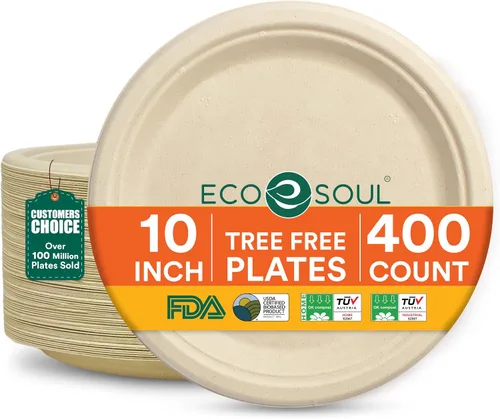 Vista 17 de ECO SOUL - Platos de papel compostables de 9 pulgadas (paquete de 100) biodegradables, resistentes, desechables, ecológicos para cena de Navidad