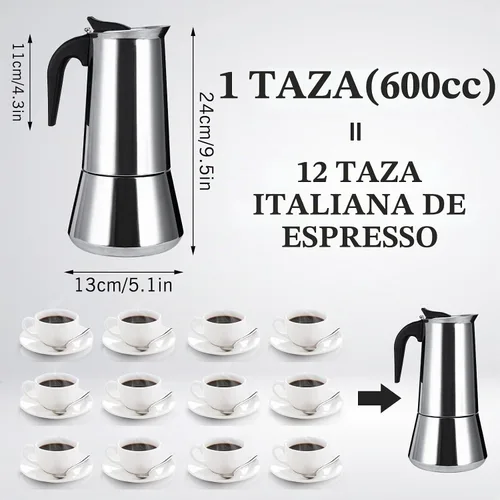 Vista 2 de Estufa de acero inoxidable Moka Pot Espresso Maker Percolator 12 tazas 20.3 fl oz portátil italiano Greca Cafetera cubana para gran familia, hogar