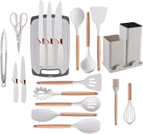 Vista 4 de Juego de utensilios de cocina y cuchillos de 19 piezas con bloque, 9 piezas de utensilios de cocina de silicona, 5 piezas afiladas de acero Beige