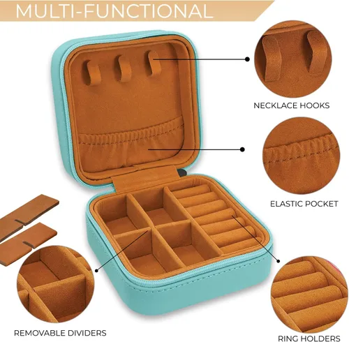 Vista 4 de Joyero de viaje personalizado con espejo portátil personalizado opcional, organizador de joyas de cuero sintético, pequeño soporte para anillos