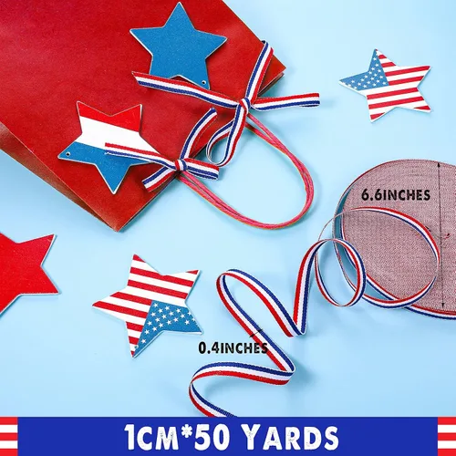 Vista 2 de Cinta de grogrén a rayas rojas, blancas y azules para envolver regalos del Día de los Caídos, decoración de fiestas, manualidades y costura