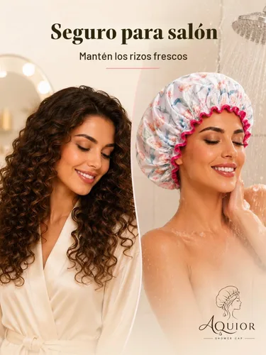 Vista 2 de Aquior Gorro de ducha para mujer, impermeable, reutilizable, con elástico suave, tamaño grande para cabello largo, bonito gorro de baño para ducha