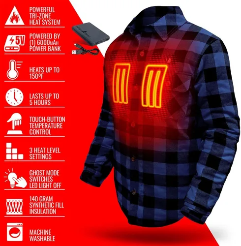 Vista 12 de ActionHeat Camisa de franela calentada con batería de 5 V - Sistema de calefacción de tres zonas, 3 ajustes de calor, paneles de calefacción
