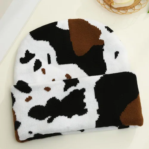 Vista 3 de GLOCALL Gorro con estampado de vaca, lindo gorro con estampado de vaca, gorro de otoño e invierno, gorro con puños, sombreros de punto cálido, gorra
