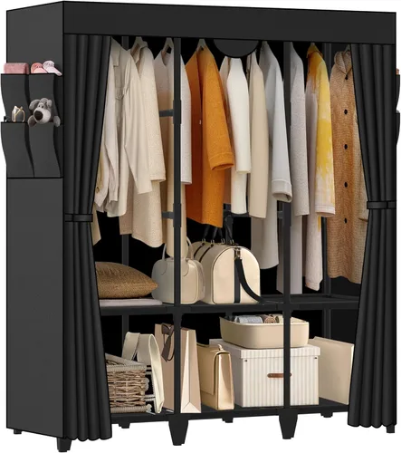 Vista 10 de Armario de Ropa, Montaje Rápido y Fácil, Clóset Portátil Negro con 2 Barras Colgantes, 4 Estantes de Almacenamiento y 8 Bolsillos Laterales, Estante