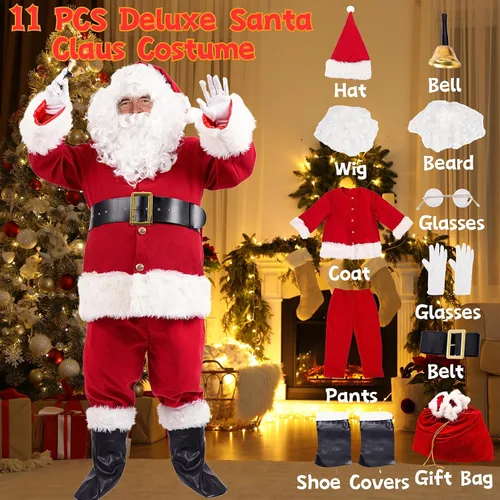 Vista 5 de Soulty Disfraz de Papá Noel para hombre, 11 piezas, de terciopelo rojo, traje de Papá Noel de Navidad para hombres adultos, conjunto de traje