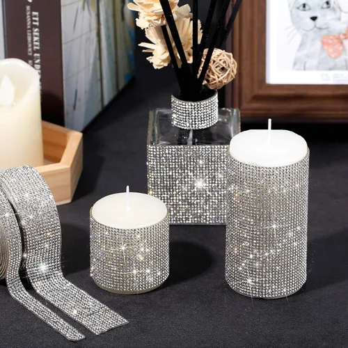 Vista 4 de 2 rollos de 6 yardas con diamantes de imitación autoadhesivos de cristal brillante para decoración de bricolaje, cinta de diamante con diamantes