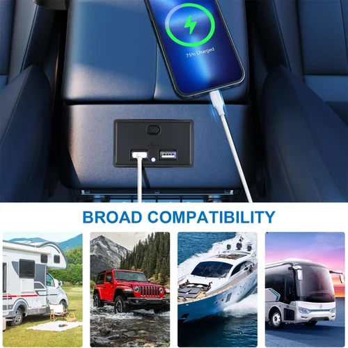 Vista 2 de Cargador USB dual con panel de toma de corriente con interruptor, 12V-24V 4.8A Cargador rápido de coche de doble puerto para coche, caravana
