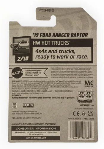 Vista 3 de Mattel Hot Wheels '19 Ford Ranger Raptor, HW Hot Trucks 2/10 [Negro] 43/250