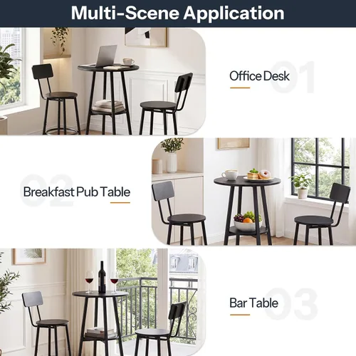 Vista 8 de HOOBRO 3 Pieces Round Bar Height Table and Chairs Set, Round Dining Table Set, Pub Table and Chairs for Small Space, 2 Tier Kitchen Table and Bar