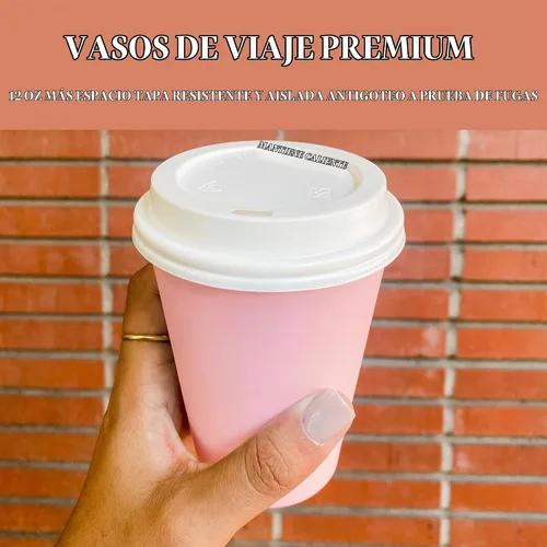 Vista 3 de BrewHouse - Tazas de café desechables con tapas, de 12 onzas, tazas de café de papel de lujo con tapas, 25 unidades, color rosa