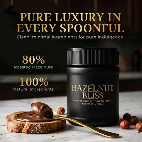Vista 4 de 314 Hazelnut Bliss Premium Cacao Avellana para untar, 80% avellanas tostadas, endulzado con dátiles, 3 ingredientes, sin aceite de palma, 9.3 oz