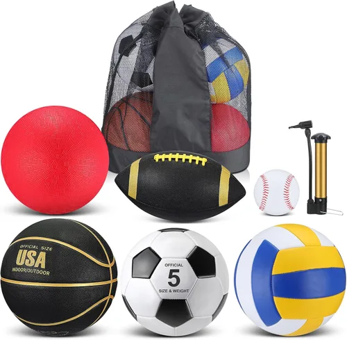 Vista 8 de Libima Juego de 6 Pelotas Multideporte de Tamaño Oficial Fútbol Baloncesto Fútbol Soccer Voleibol Pelota de Patio Béisbol con Bolsa de Equipo