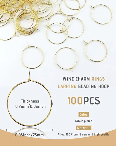 Vista 2 de JIALEEY 100 anillos de cristal de vino de 0.98 pulgadas chapados en oro de 0.98 pulgadas (0.984 in), aro abierto para hacer joyas, boda, fiesta