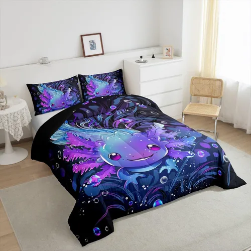 Vista 4 de Feelyou Lindo juego de ropa de cama de ajolote para niños y niñas tamaño twin, juego de edredón de salamandra para niños, mujeres y hombres, edredón