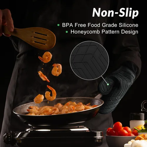 Vista 4 de Havlucen Extra Long Silicone Oven Mitts with Mini Oven Gloves & Quilted Liner - Heat Resistant Kitchen Protection for Baking, Grilling, and Cooking