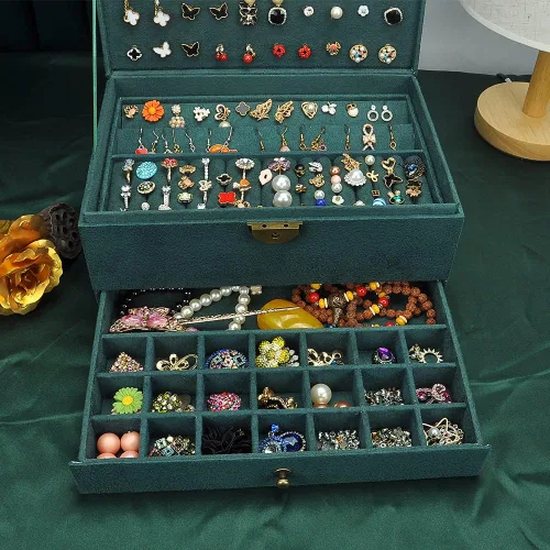 Vista 9 de GYJOYERO Joyero organizador de aretes de joyería para mujeres y niñas, 4 capas con cajones, collares, anillos, relojes, vitrina, almacenamiento