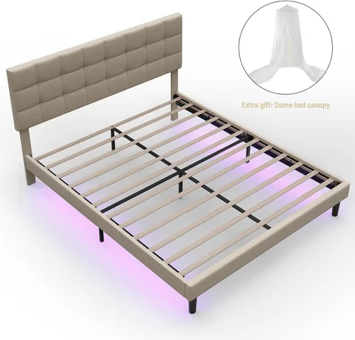 Vista 7 de Base de cama moderna de plataforma tapizada de tamaño Queen, marco de cama de lino con luces, cabecera ajustable con costuras cuadradas, sistema