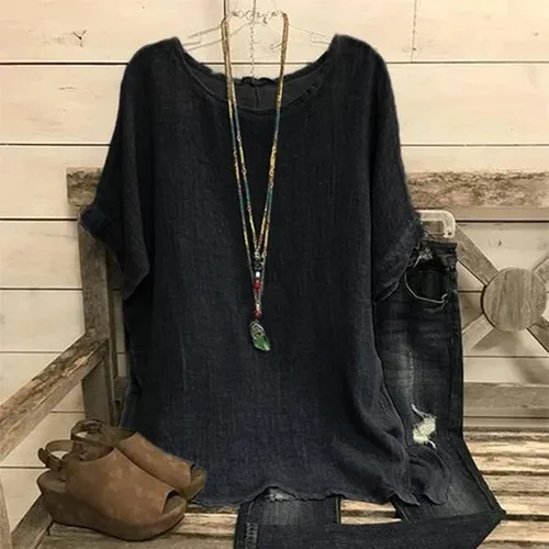 Vista 2 de Camiseta de lino de algodón para mujer de manga corta casual cómoda suave cuello redondo con vuelo 000 000