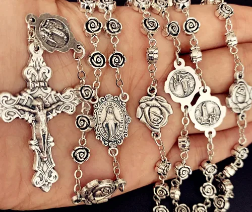 Vista 5 de elegantmedical Hecho a mano vintage plata rosa cuentas rosario católico collar cruz caja de regalo Italia crucifijo, Plata