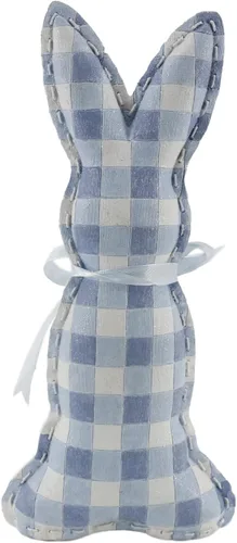 Vista 4 de Polyresin 436603 - Figura decorativa de conejo de Pascua a cuadros azules y blancos con cinta, decoración de primavera