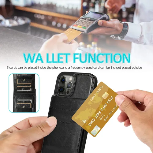 Vista 3 de Funda tipo cartera para iPhone 13 Pro Max con tarjetero para mujeres y hombres, de piel sintética, para iPhone 13 Pro Max de 6.7 pulgadas (negro)