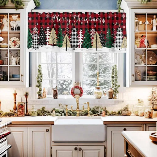 Vista 2 de Cenefa de Navidad para ventanas, cortinas de árbol de Navidad, cenefas con bolsillo para barra, cortinas cortas a cuadros para cocina, sala