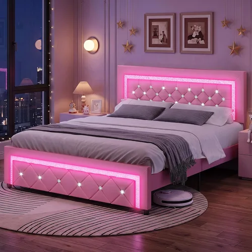 Vista 8 de BarnFurin Marco de cama Twin con luces LED, cama de plataforma tapizada con cabecera capitonada de diamante, no necesita somier, sin ruido, fácil