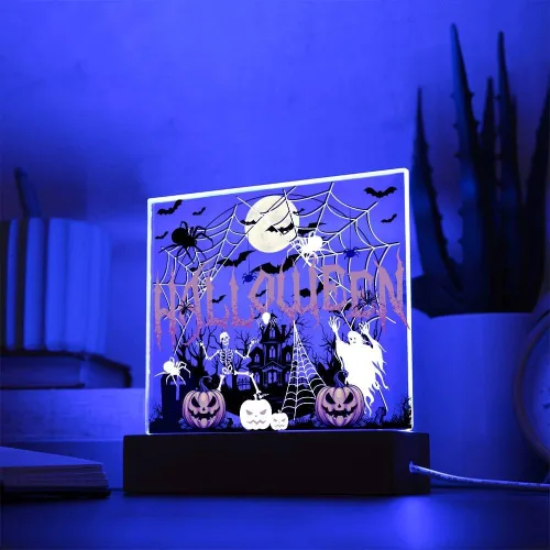 Vista 7 de Lámpara de Halloween espeluznante con decoración de luz nocturna con temática de araña y esqueleto, escena de castillo fantasma para una experiencia