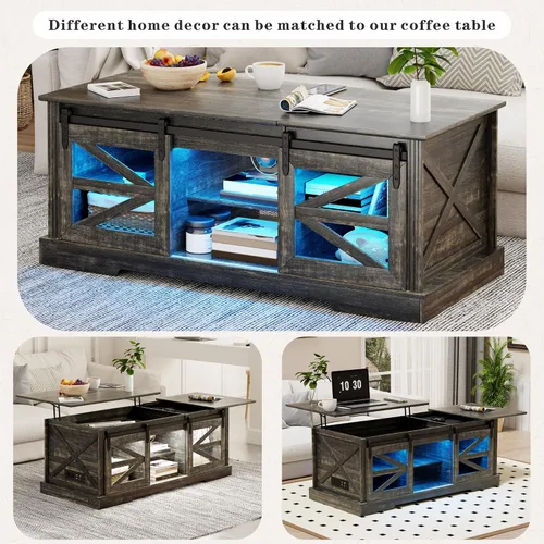 Vista 6 de Mesa de centro de granja, mesa de centro elevable con gabinete para pistola, 2 puertas corredizas de granero, gran almacenamiento y 3 luces LED