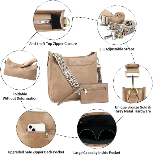 Vista 3 de KITATU 2 bolsos cruzados para mujer, bolsos de mano hobo de hombro de diseñador bolso de cuero vegano con 2 correas