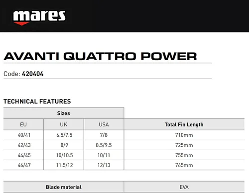Vista 4 de Mares Adult Avanti Quattro Power Full Foot Anatomical Pocket Spearfishing Fins - Durable Wear-Resistant Flexible Flippers for Swimming, Scuba