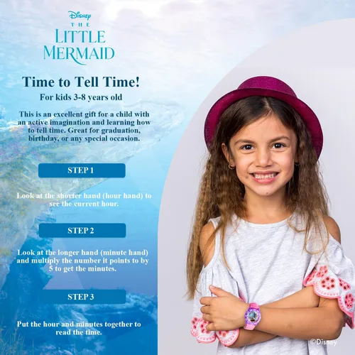 Vista 5 de DISNEY The Little Mermaid Live Action - Reloj analógico de cuarzo para niños, Rosado, Moderno