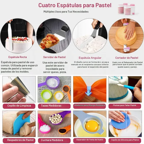 Vista 6 de Soporte giratorio y portador de pasteles de aleación de aluminio, kit de 268 piezas con 54 puntas de tubería, discos acrílicos para tartas, varias