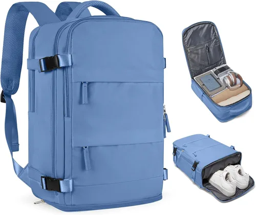 Vista 23 de Mochila de viaje grande, bolsa de mano, aprobada para aviones, para artículos personales, para hombre o mujer, color beige con marrón