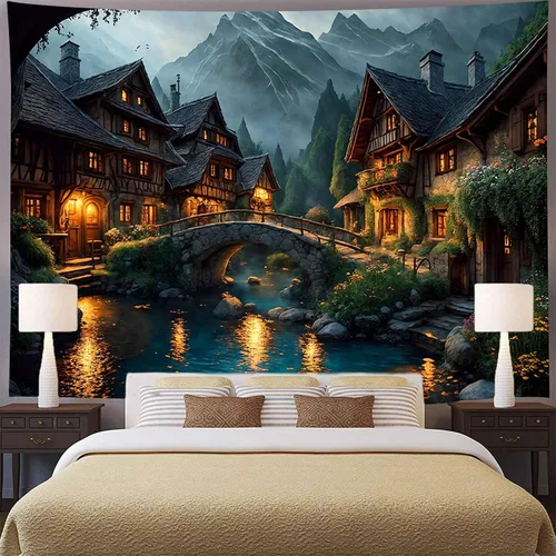 Vista 2 de Aidatain Tapiz de paisaje del mundo de cuento de hadas, tapiz grande de 80 pulgadas y 60 pulgadas, tela de franela para colgar en la pared de niños
