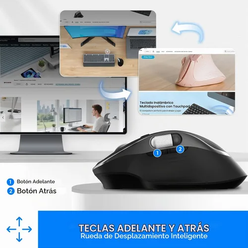 Vista 7 de Ratón inalámbrico recargable Bluetooth con 8 botones programables, negro